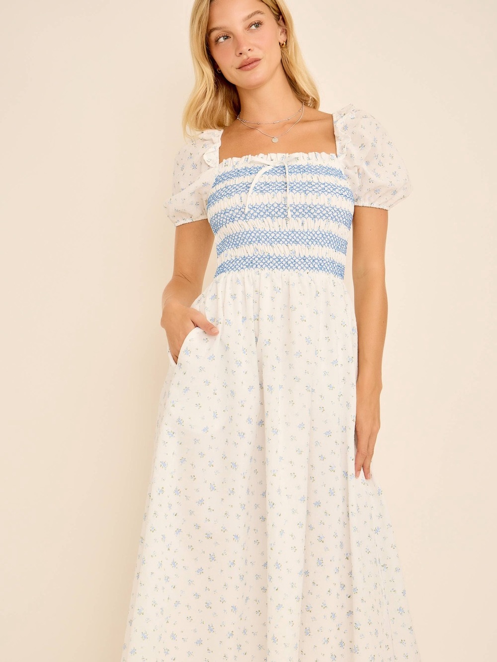 BNWT White Smocked Square Neck Floral Midi Dress